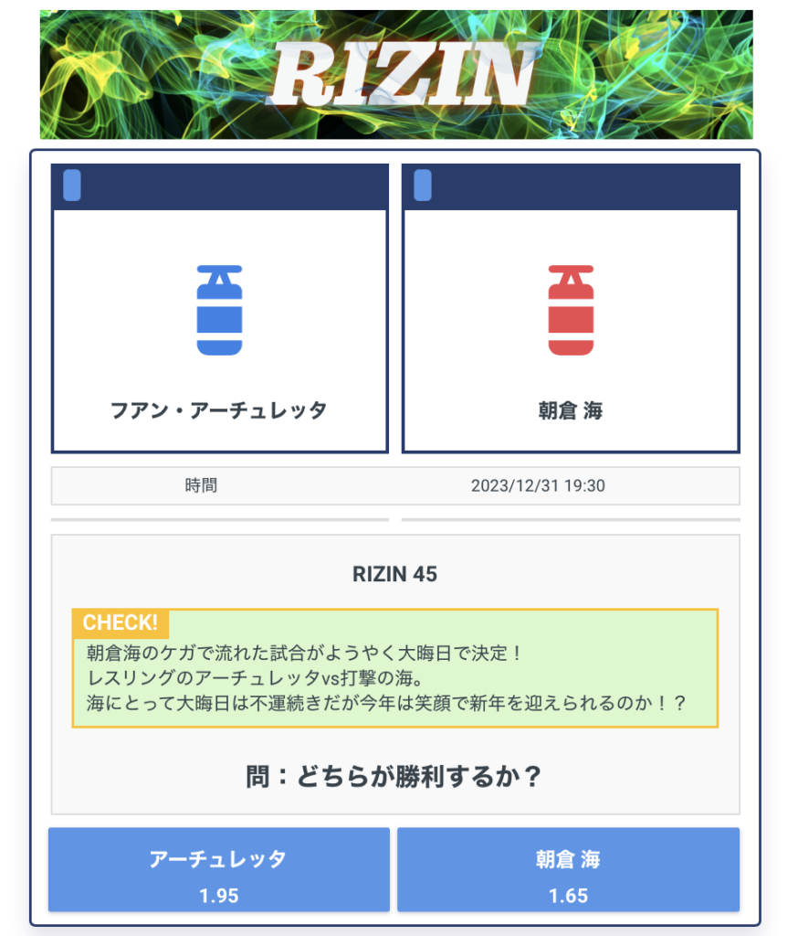 RIZIN45のビーベット(Beebet)でのオッズは?